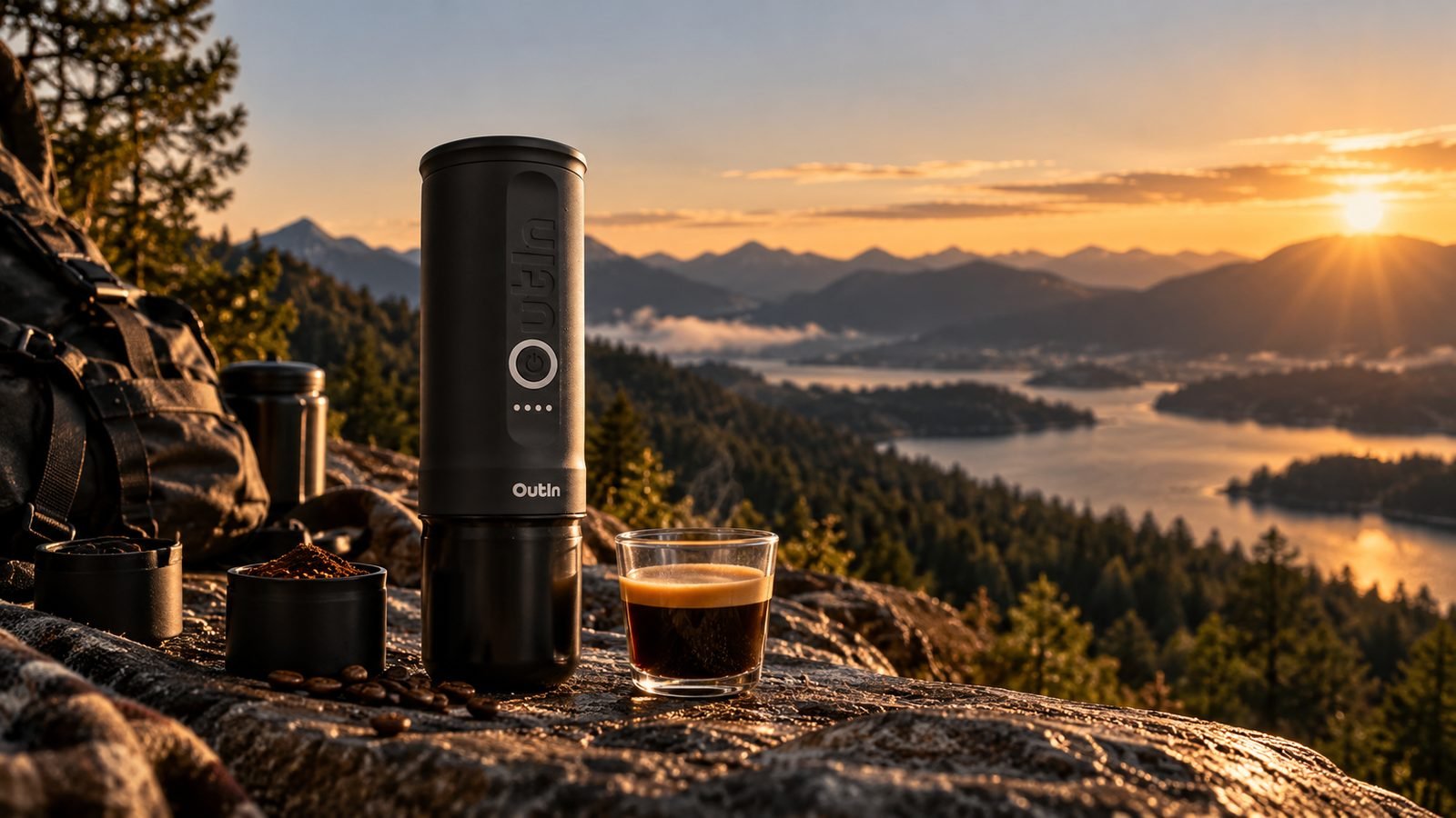 A portable espresso maker and a glass of espresso on a rock above a forest lake at sunrise